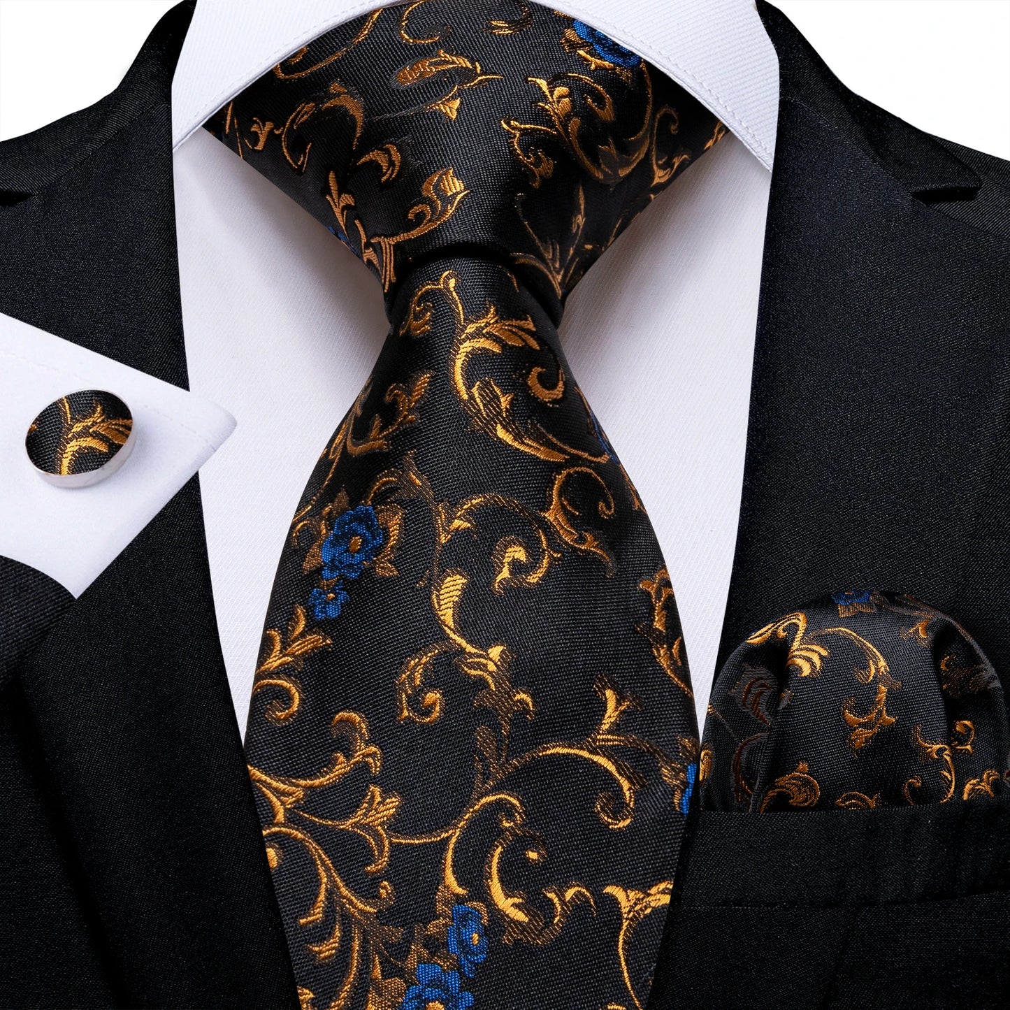 Luxury Black Gold Paisley Striped Floral Silk Men's Tie Set Handkerchief Cufflinks Wedding Party Accessories Groom Gift for Men