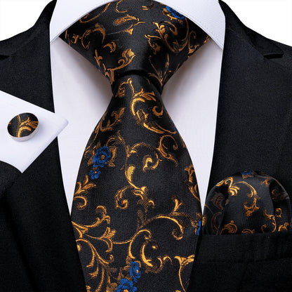 Luxury Black Gold Paisley Striped Floral Silk Men's Tie Set Handkerchief Cufflinks Wedding Party Accessories Groom Gift for Men