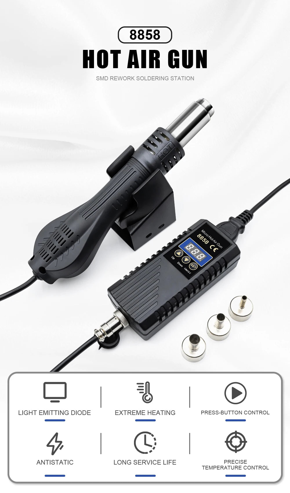 JCD 8858 Mikropistolet na gorące powietrze 750W Stacja lutownicza do poprawek LCD Cyfrowa suszarka do włosów do lutowania 110V Opalarka Narzędzia do naprawy spawalniczej