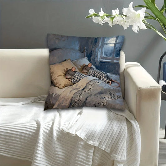 Cute Sleeping Mice Pillowcase, Plaid Pajamas Rat Cushion Cover, Funny Animal Art Decor for Living Room Sofa
