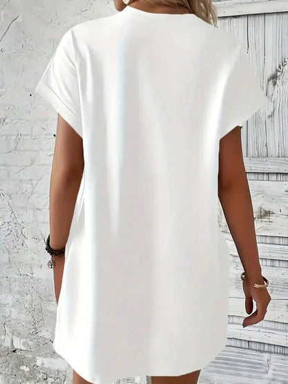 2026 Women's Casual and Elegant Green Turtle Print White Solid Color Short Sleeved Dress Short Skirt