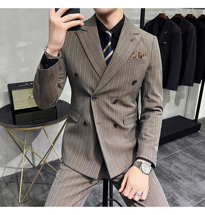 Slim Fit Double-breasted Striped Suit Vest Trousers 3-Piece Set Korean Fashion M-7XL Men's Fashionable Striped Three-piece Suit