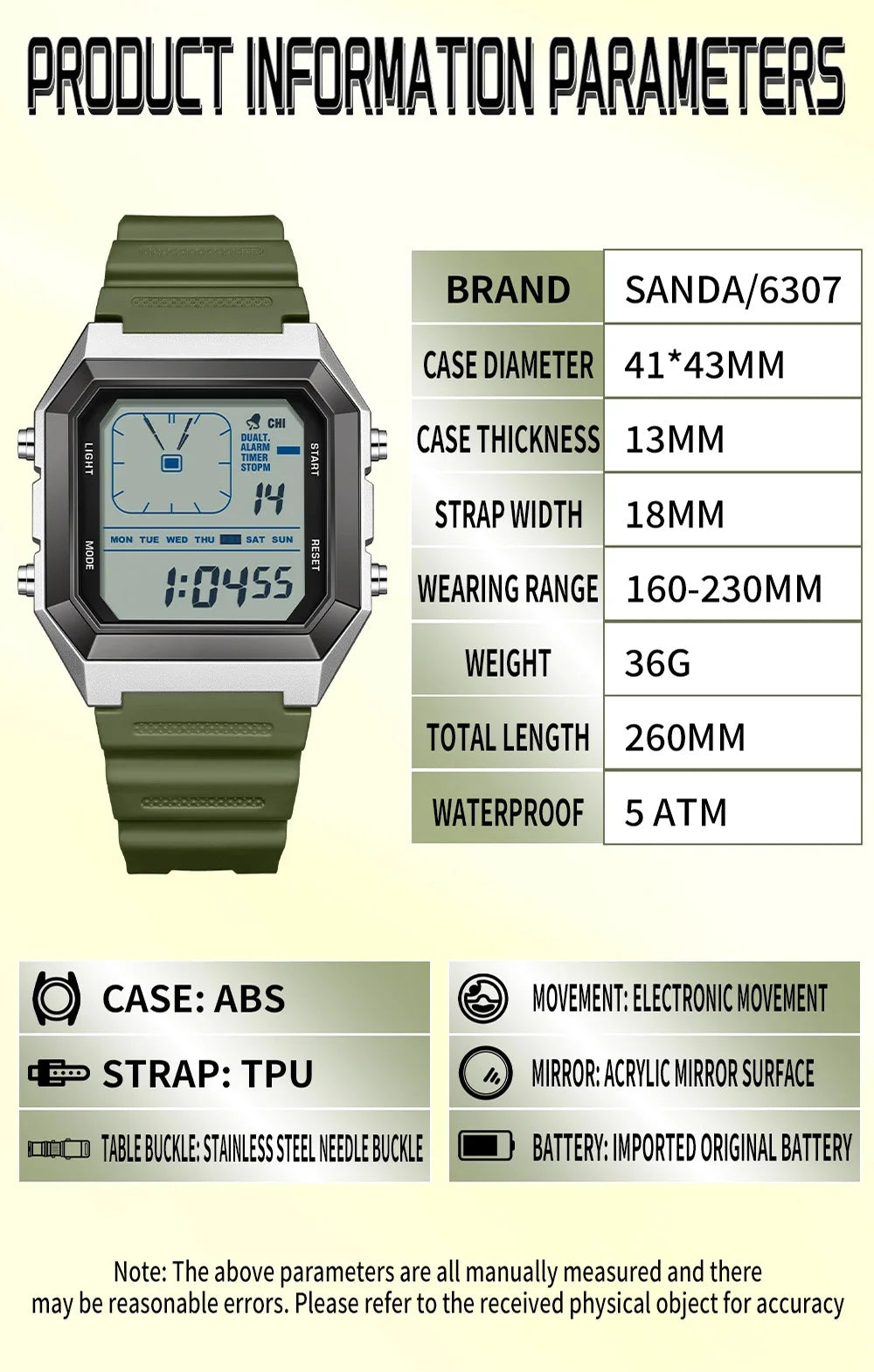 SANDA 6307 Casual Men's LED Electronic Watch Waterproof Sports Alarm Clock Multi functional Student Fashion Electronic Watch
