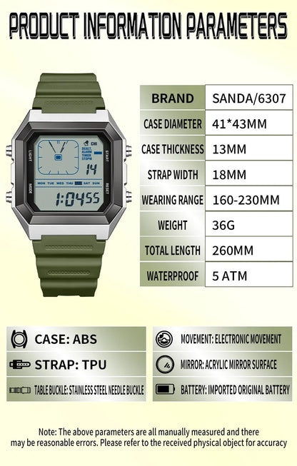 SANDA 6307 Casual Men's LED Electronic Watch Waterproof Sports Alarm Clock Multi functional Student Fashion Electronic Watch