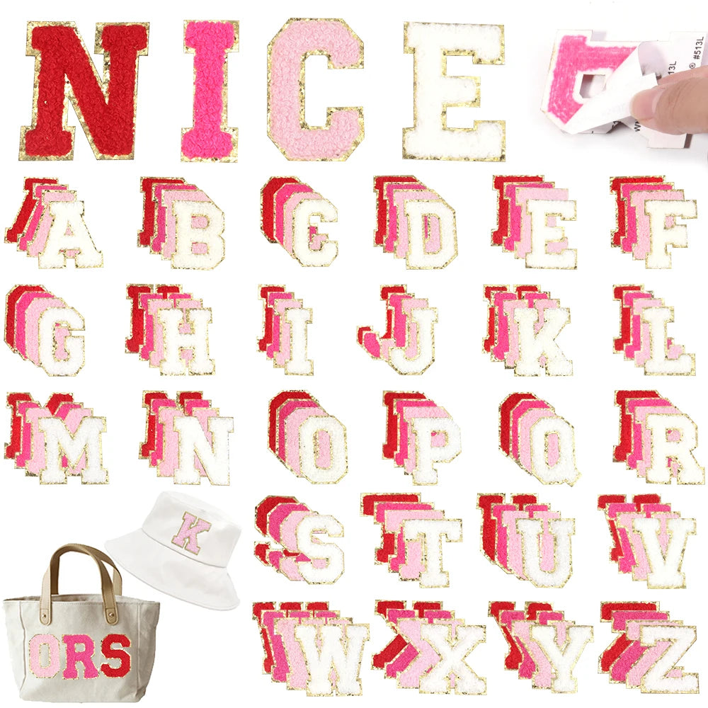 8pcs Sweet 26 Letters Towel Embroidery Patch Pink A-Z Self-adhesive Sticker Decoration For DIY Apparel Bag Crafts Accessories