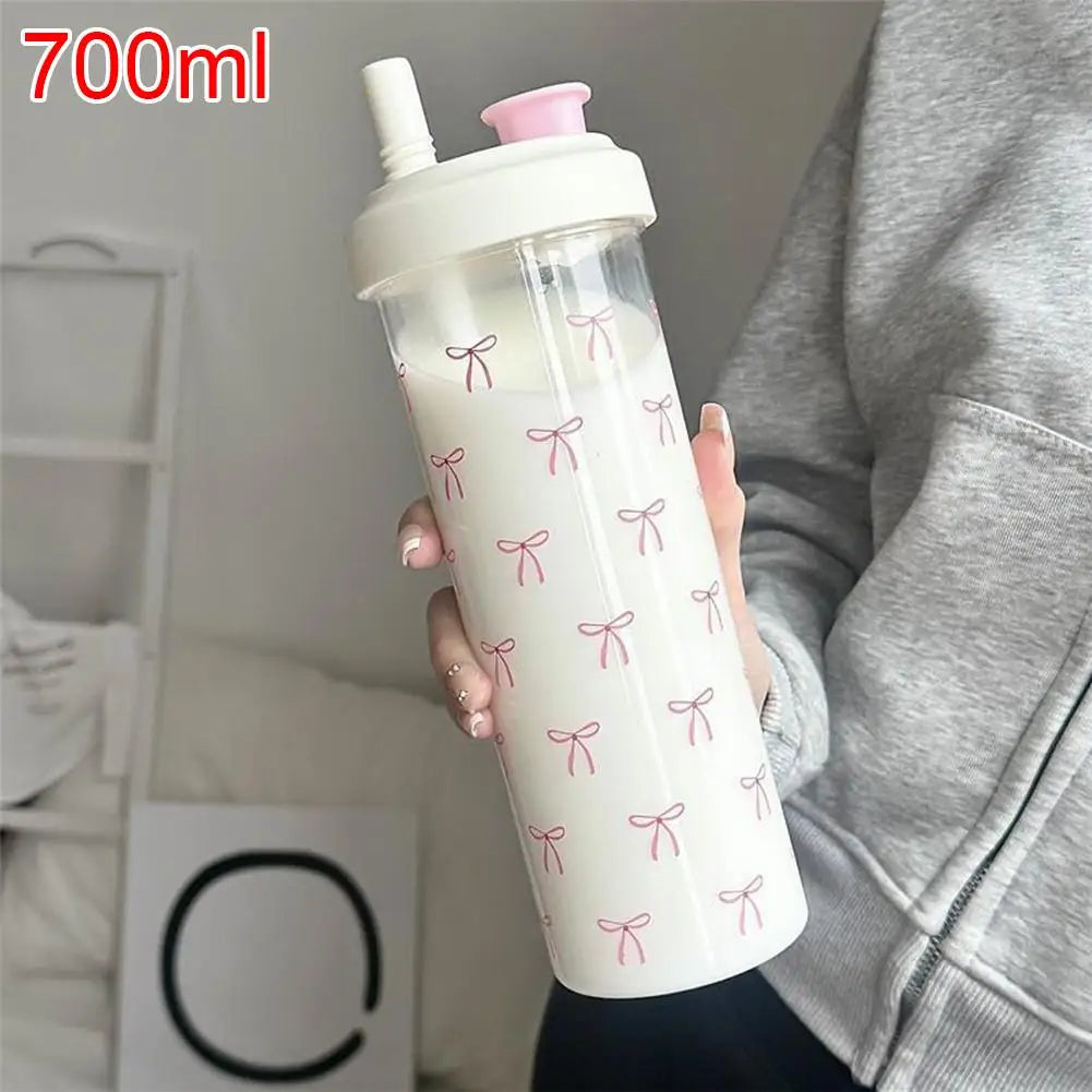 500/700Ml Pink Bow Water Cup With Straw Coffee Bubble Milk Tea Plastic Cup Large Capacity Students Water Bottle Straw Bottle