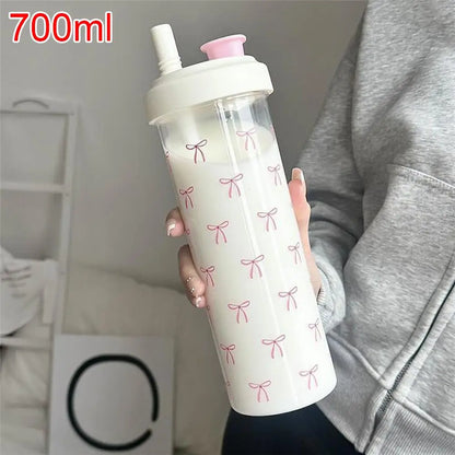 500/700Ml Pink Bow Water Cup With Straw Coffee Bubble Milk Tea Plastic Cup Large Capacity Students Water Bottle Straw Bottle