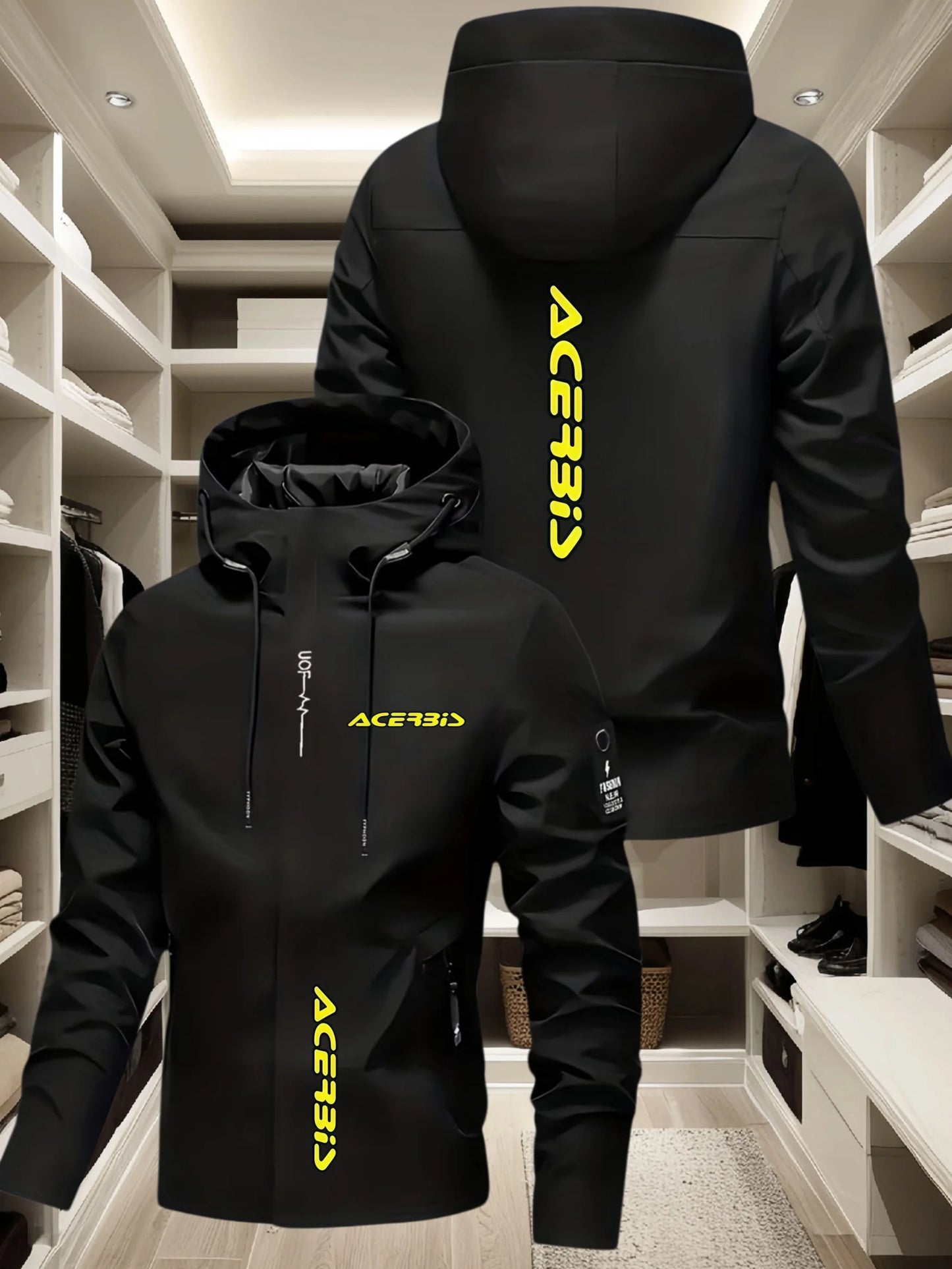 Men's Off-Road Motorcycle Style Hooded Jacket BIS Bright yellow logo print Windproof versatile casual functional jacket