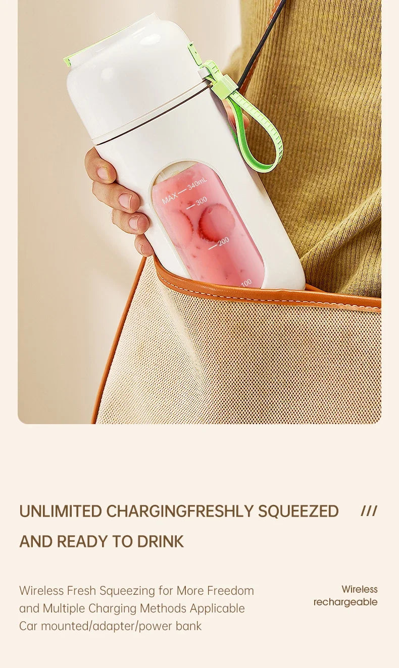 Portable Electric Juicer Cup 350mL for Smoothies Shaved Ice Juices12 Blade Stainless Steel Blender with Wireless Charging
