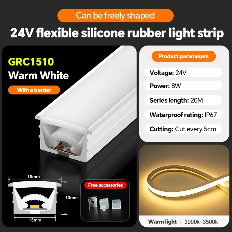 LED flexible silicone light strip embedded 24V waterproof tubing linear lamp concealed installation flexible soft light strip