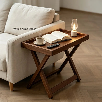 Foldable Wooden Side Table – X-Shape Coffee Table, Raised Edge – Multi-Functional Bedside for Living & Bedroom – Easy Storage