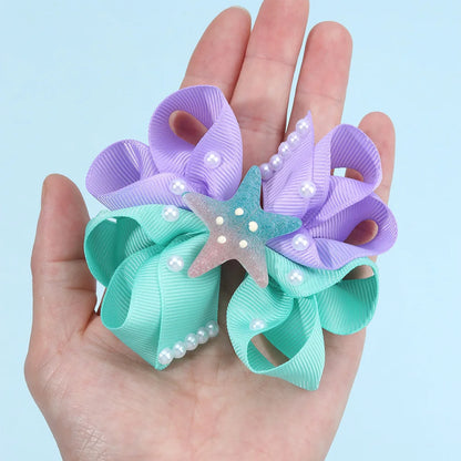 2Pcs Starfish Bow Hair Clips For Girls Sweet Ribbon Patchwork Cute Pearls Hairpins Kids School Trendy Headwear Accessories