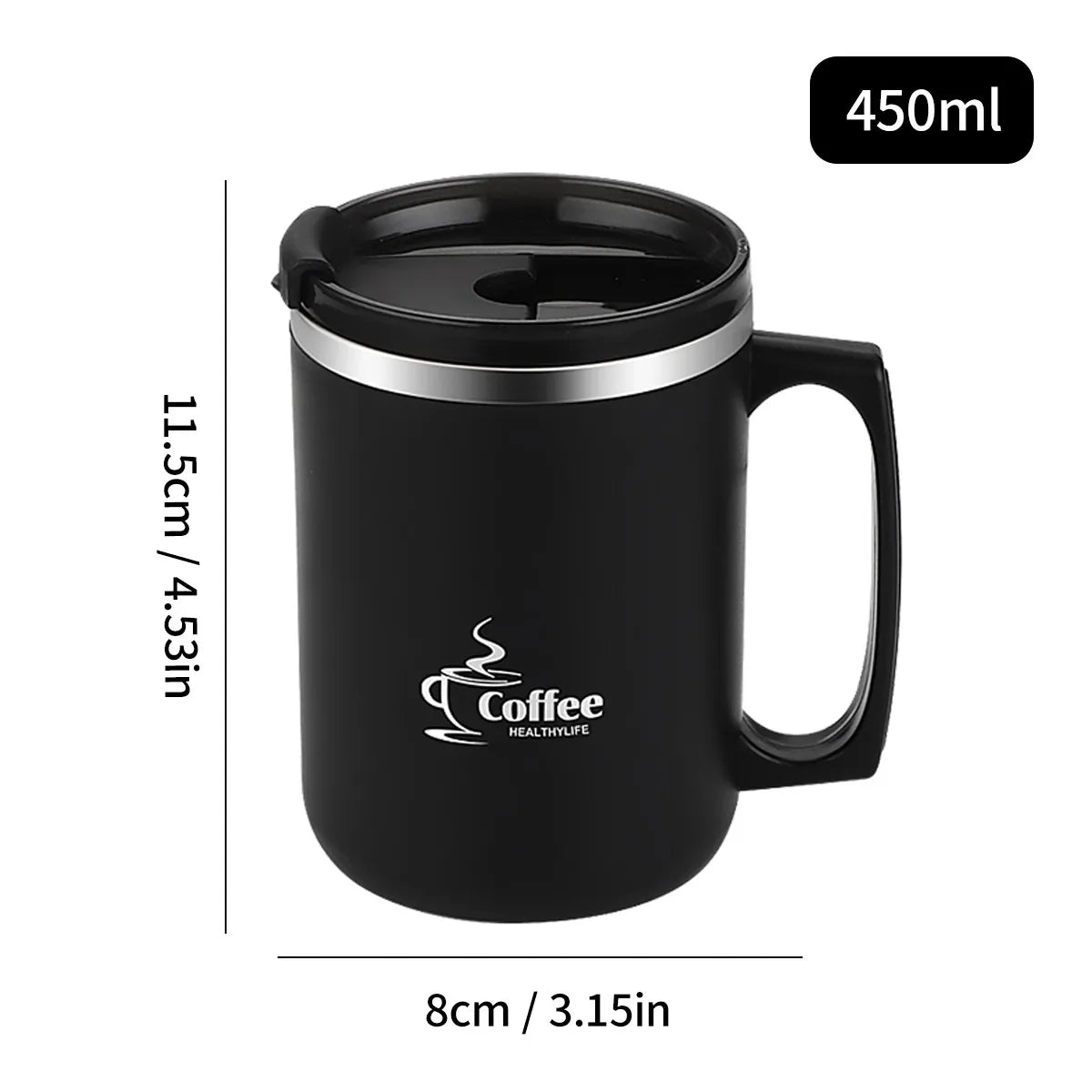 450ML Thermos Mug 304 Stainless Steel Double Wall Insulated Milk Coffee Cup With Handle & Lid Leak-proof Drinking Cup Drinkware