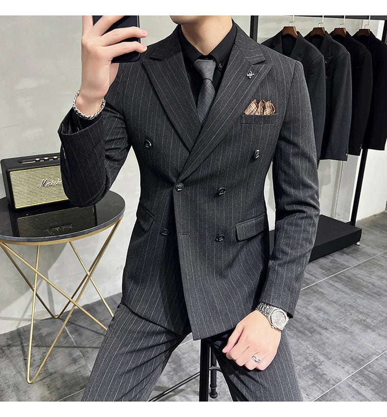 Slim Fit Double-breasted Striped Suit Vest Trousers 3-Piece Set Korean Fashion M-7XL Men's Fashionable Striped Three-piece Suit