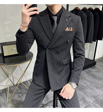 Slim Fit Double-breasted Striped Suit Vest Trousers 3-Piece Set Korean Fashion M-7XL Men's Fashionable Striped Three-piece Suit