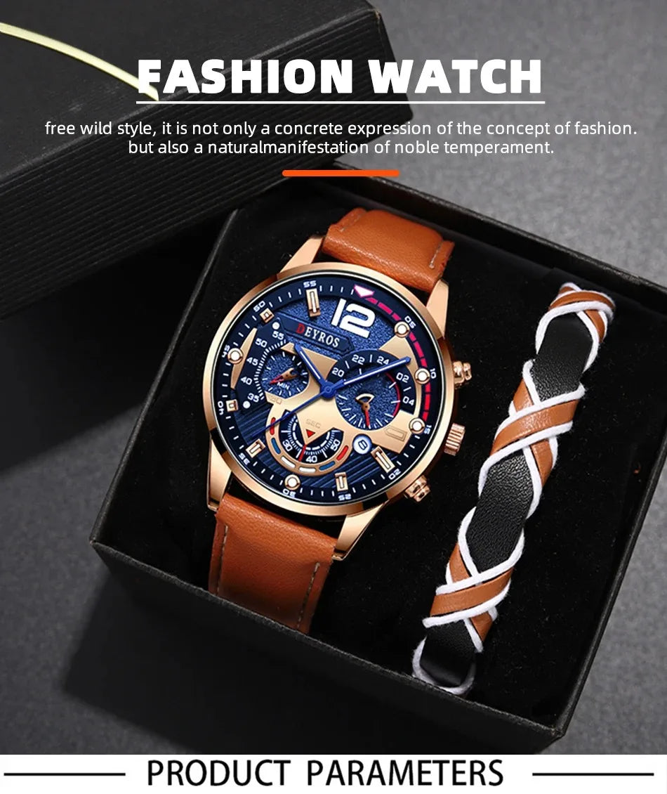 2PCS Set Luxury Brown Mens Quartz Watches Fashion Male Business Casual Wristwatch with Bracelet