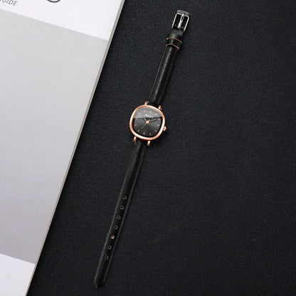 5PCS Elegant Women Watch Jewelry Set Fashion Leather Strap Quartz Wristwatch Heart Necklace Earrings Bracelet Gift (Without Box)