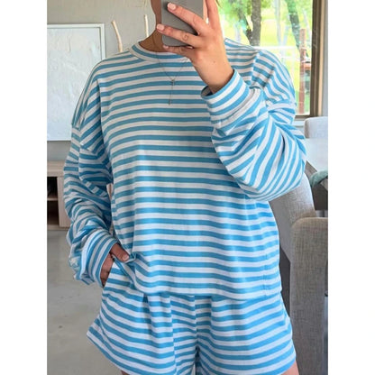 Combhasaki Women 2Piece Striped Y2k Outfits Set Casual Long Sleeve Crew Neck Shirt Tops+Elastic Waist Wide Leg Shorts Tracksuits