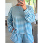 Combhasaki Women 2Piece Striped Y2k Outfits Set Casual Long Sleeve Crew Neck Shirt Tops+Elastic Waist Wide Leg Shorts Tracksuits
