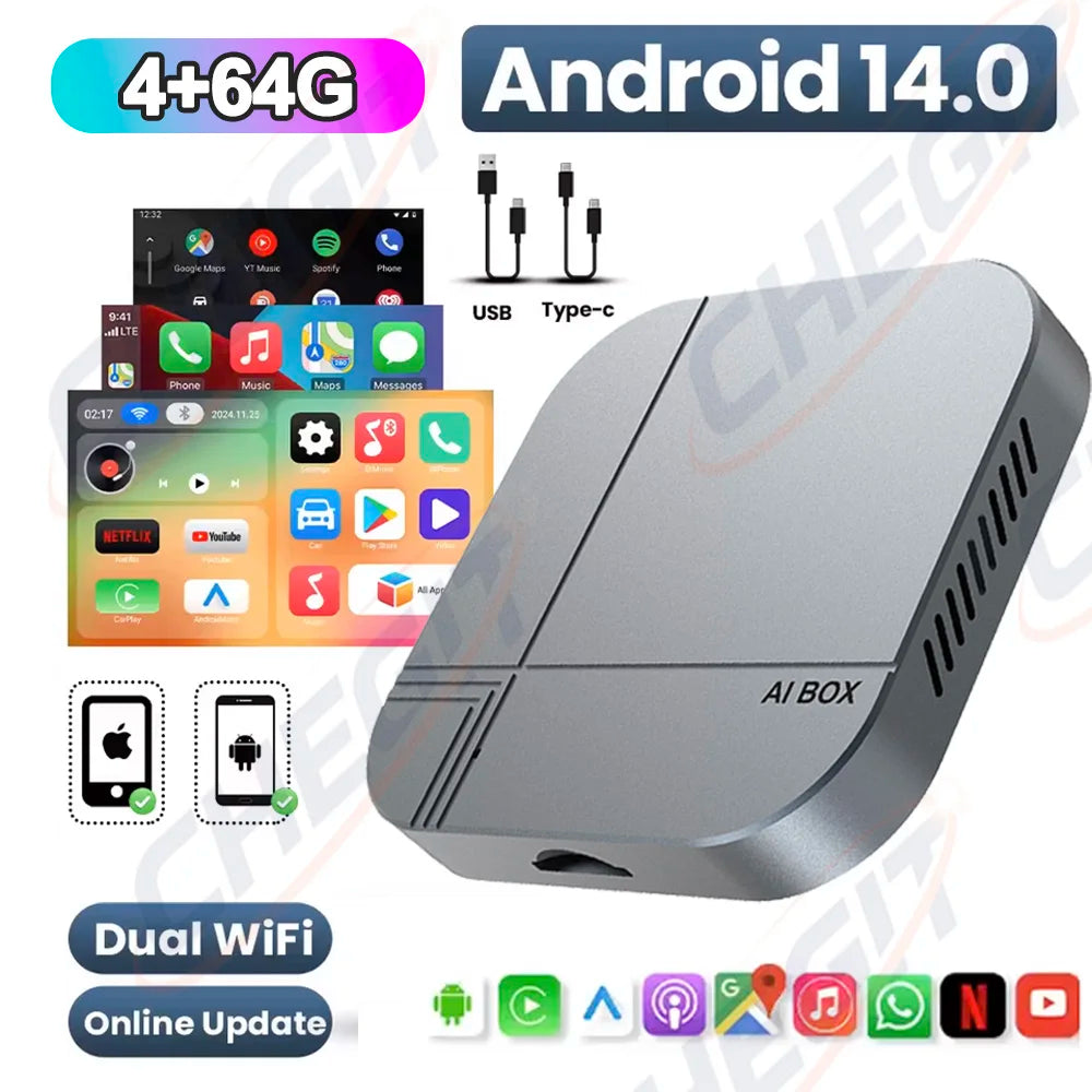 Android Smart AI Box 4G+64G/2G+32G Wireless CarPlay Android Auto TV Box For Youtube Netflix For VW Nissan Toyota Hyundai Ford