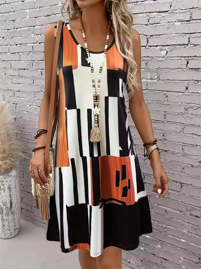 2025 New Fashion Women's Dress Casual Beach Round Neck Sleeveless Loose Dress Summer Women's Vest Striped Print Dress Sundress