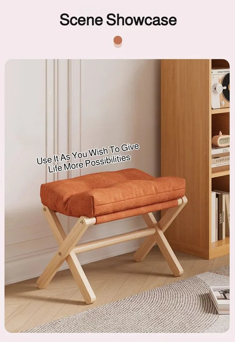 Solid Wood Folding Entryway Stool - Shoe Changing Footstool with Cotton-filled Cushion for Sofa Rest