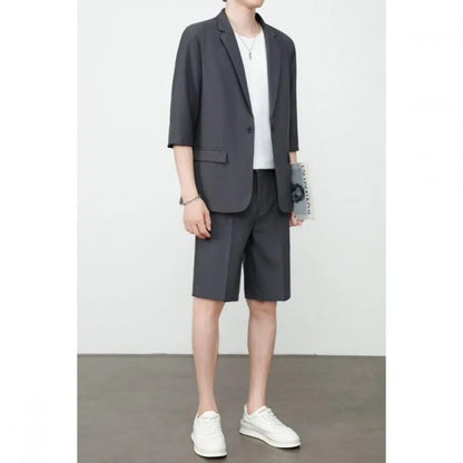 KIDWHXR Summer Men Outfit Thin Breathable Solid Color Male 2-piece Suit Set Loose Business Casual Man Short Sleeve Suits