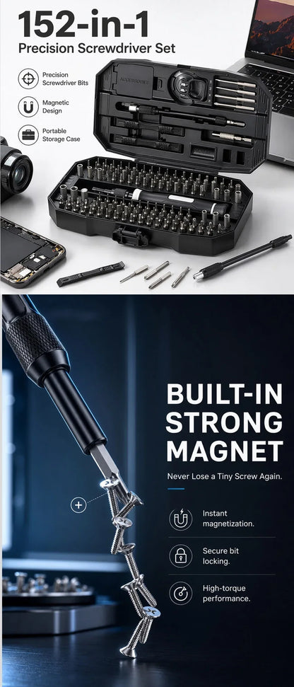 152-in-1 Precision Magnetic Screwdriver Repair Tool Kit with Flexible Shaft Tweezers Pry Tools for Phone Laptop PC Watch Console