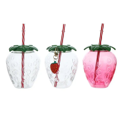 ✔Strawberry Shaped Plastic Cup With Straw Cute Water Bottle Portable Drinking Cup Beverage Cups For Summer Party Home Use