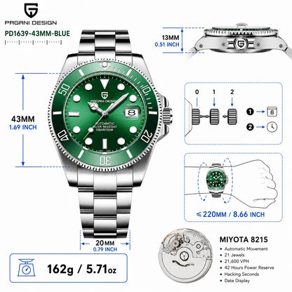 PAGANI DESIGN Men Watches Automatic Watch Mechanical Watch Sapphire Glass Stainless Steel Luminous Date Reloj Hombre Luxury Wris