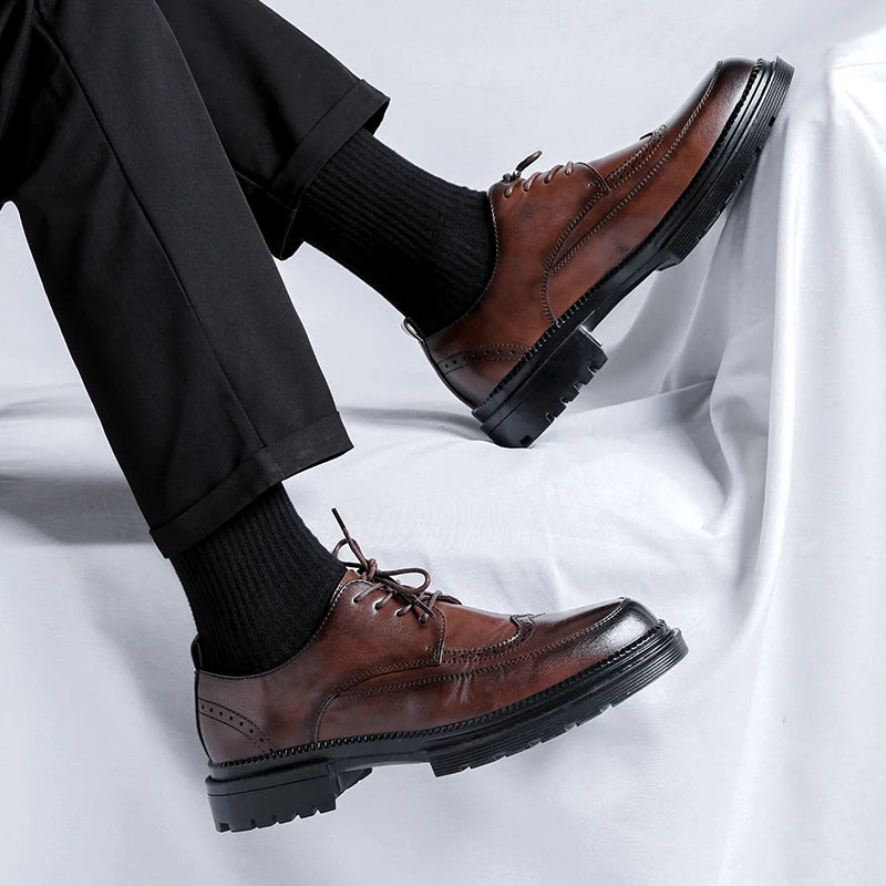 Men Korea Leather Platform Oxfords Slip on Thick Tottom for Male Derby Shoes Casual Loafers Mens Square Toe Formal Dress Shoes