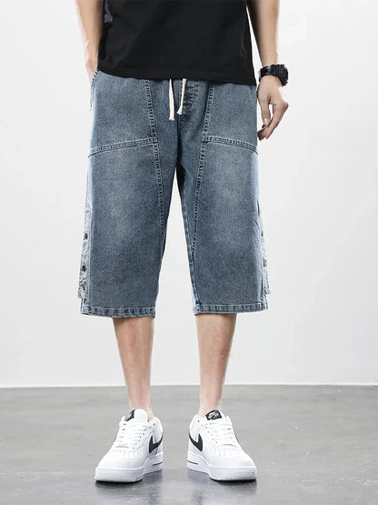 8XL Summer Men's Jeans Denim Breeches Calf-Length Casual Shorts Washed Cotton Drawstring Straight Capris Pants Big Size