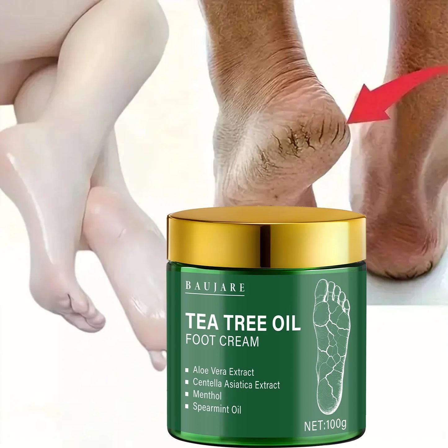 Tea Tree Oil Foot Cream with Aloe Vera, Centella Asiatica, Menthol & Spearmint Oil, Moisturizes & Nourishes, Softens Feet
