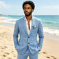 Sky Blue Linen Causal Men Suits for Beach Party Business Two Pieces Wedding Tuxedos Set Notched Lapel Suit Jacket Pants