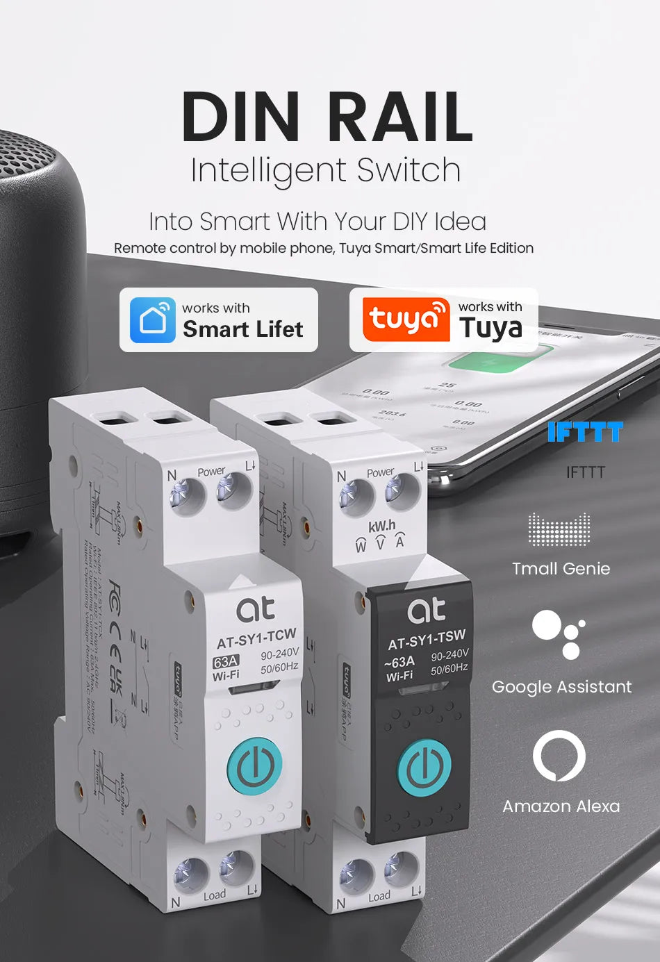 Tuya WiFi Smart Circuit Breaker DIN Rail for Smart Home Wireless Remote Control WiFi Switch 1P 63A by smart life APP