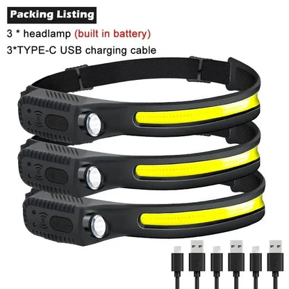 Indukcyjna latarka czołowa COB LED, ładowana przez USB, z wbudowanym akumulatorem, 5 trybów świecenia, lampka do użytku zewnętrznego, awaryjnego, wędkowania