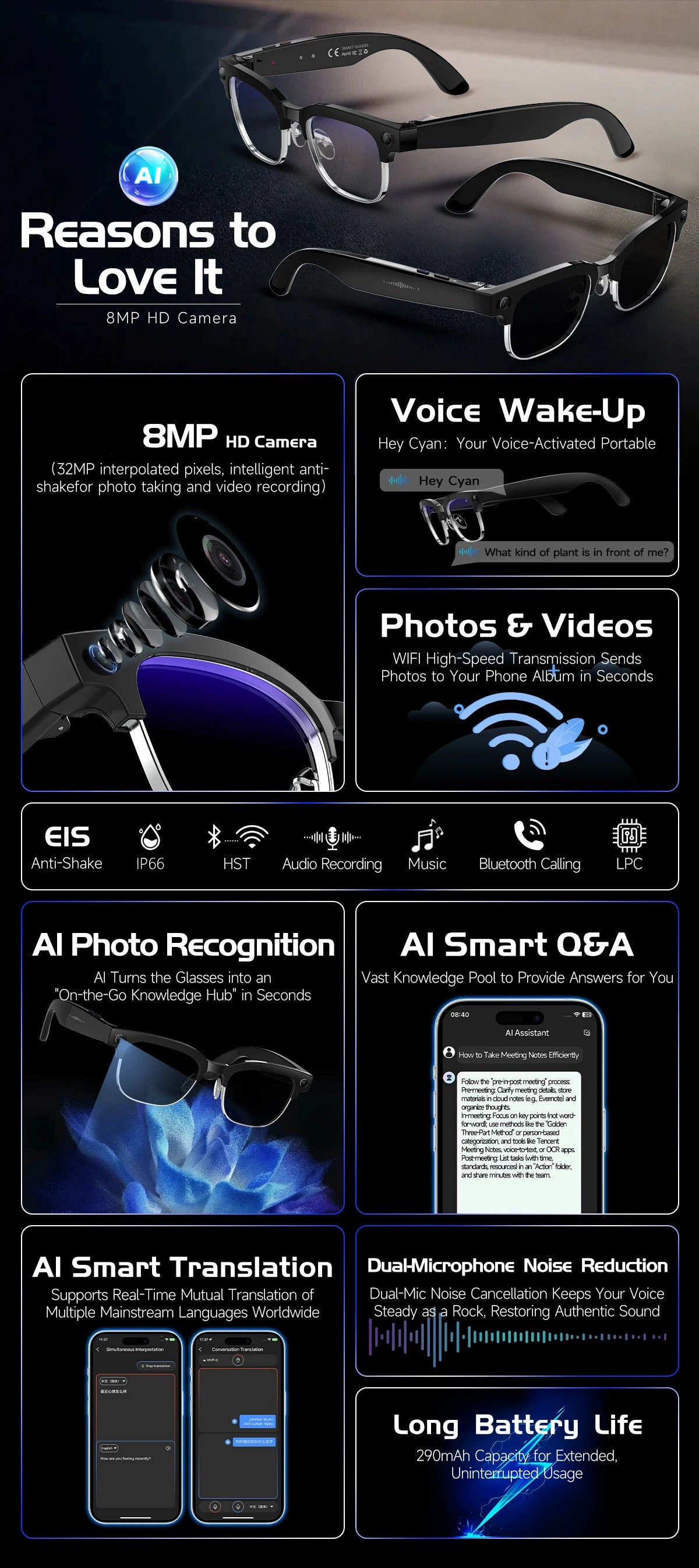 W630 800W HD Smart Glasses for Men And Women AI Intelligent Translation WiFi Transmission Photo & Video Recording Glasses