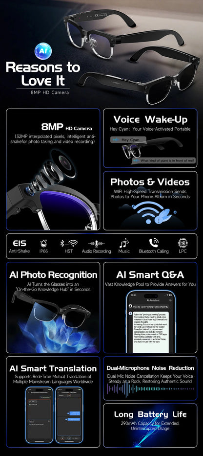 W630 800W HD Smart Glasses for Men And Women AI Intelligent Translation WiFi Transmission Photo & Video Recording Glasses