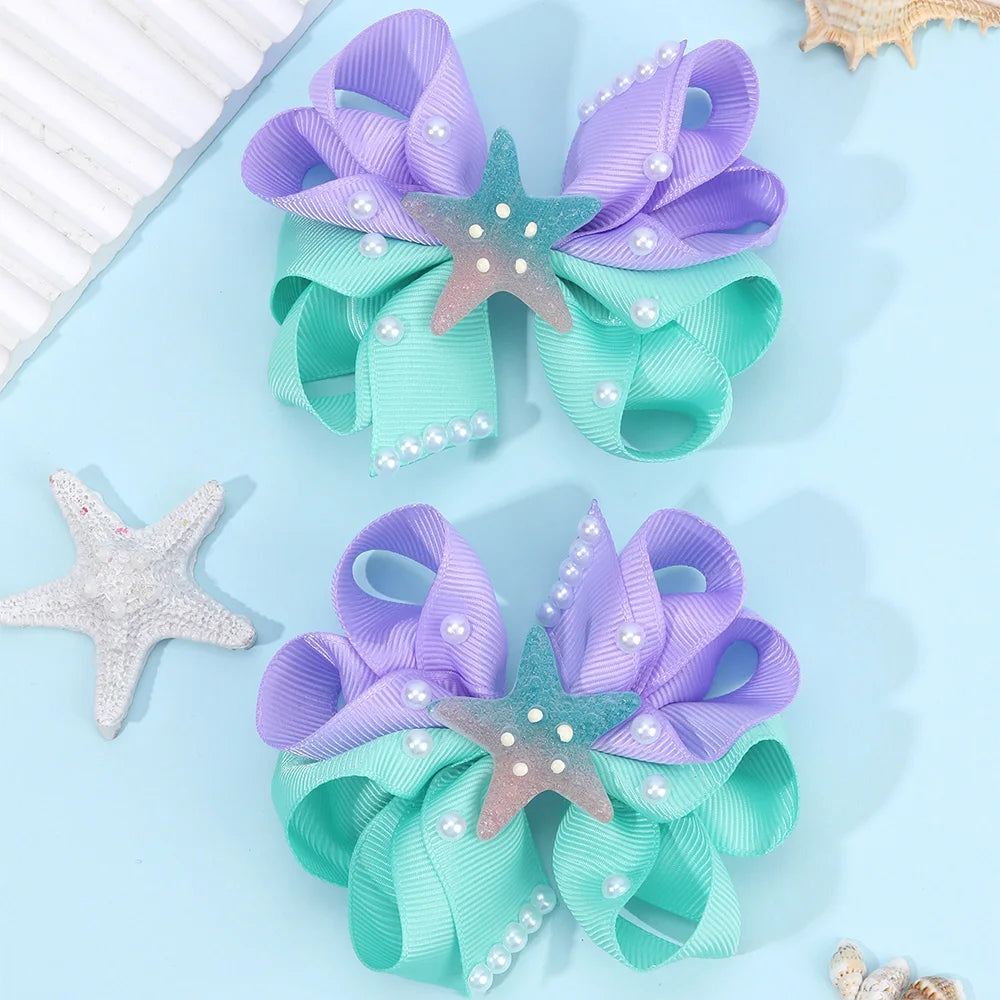 2Pcs Starfish Bow Hair Clips For Girls Sweet Ribbon Patchwork Cute Pearls Hairpins Kids School Trendy Headwear Accessories