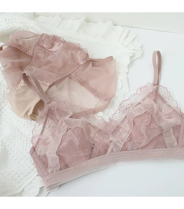 Women's Bra Set French Sexy Sweet Girl Without Steel Ring Color Collision Underwear Thin Section Gathered Lace Triangle Cup Bra