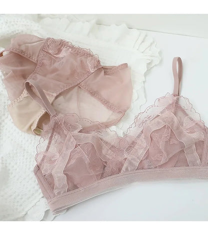 Women's Bra Set French Sexy Sweet Girl Without Steel Ring Color Collision Underwear Thin Section Gathered Lace Triangle Cup Bra