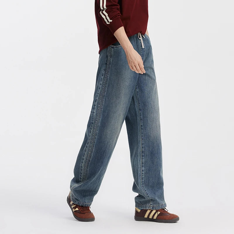 Semir Men Jeans Retro Wide Straight Side Stripe Elastic Waist 2026 Autumn Soft Denim Pants Casual Street Style Daily Wear