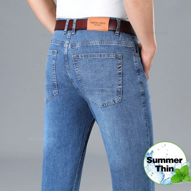 2026 Summer Brand Business Casual Men's Straight Denim Softener Lightweight Jeans Classic Embroidered Cotton Stretch Thin Pants