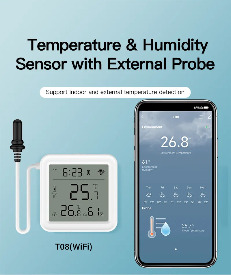 Tuya Zigbee WiFi Temperature and Humidity Sensor with External Probe Smart Home Thermometer work with SmartLife,for Refrigerator