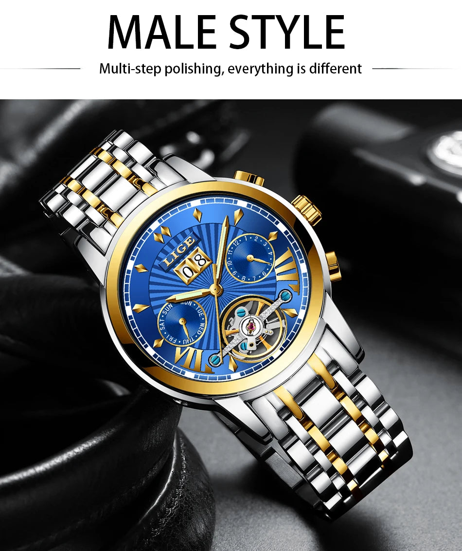 2026 LIGE Automatic Mechanical Wrist Watches For Men Top Brand Luxury Tourbillon Men Watch Fashion Business Waterproof Watch Men
