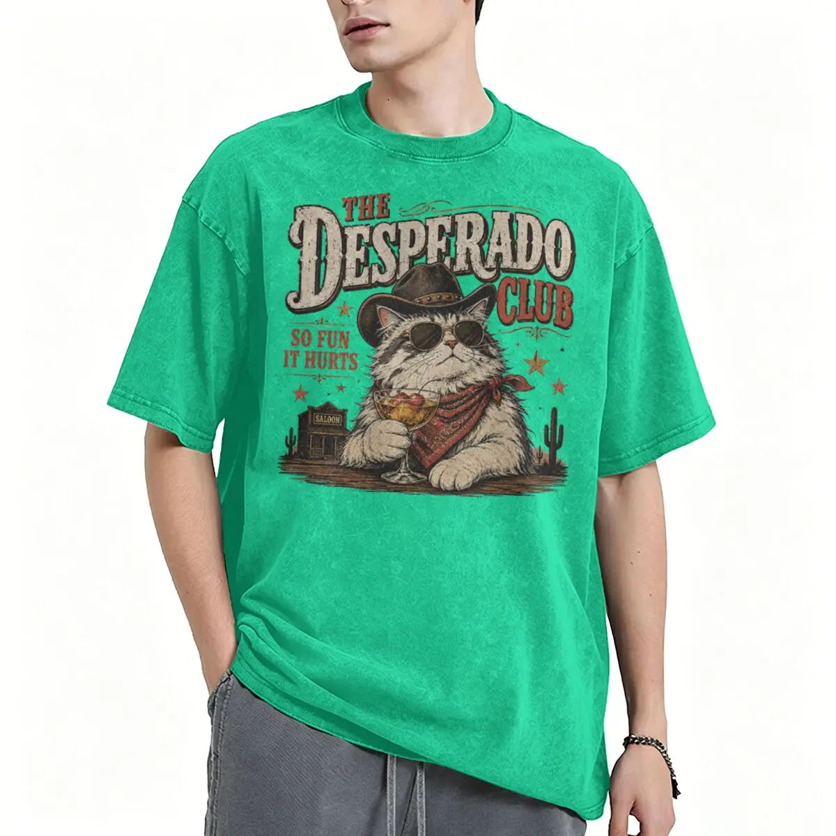 Vintage Washed Western Cowboy Cat T-shirt Cute Animal Manga T-shirts Men Women Cotton Casual Oversized T Shirt Tops
