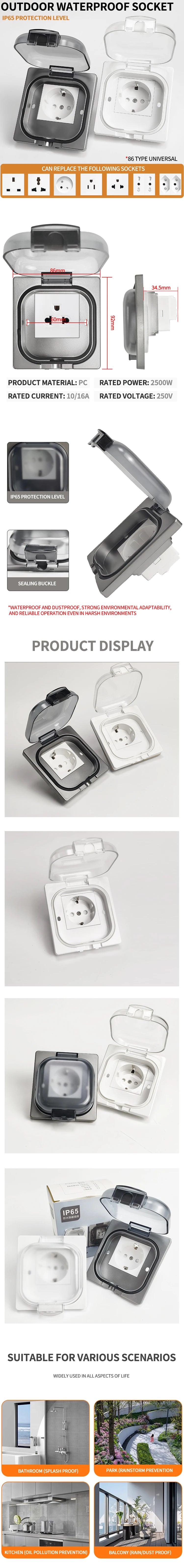 IP65 Waterproof Outdoor Socket, 16A High Power Wall Plate, 250V US/Thai Style 10A Receptacle, Bathroom & Weatherproof Electrical