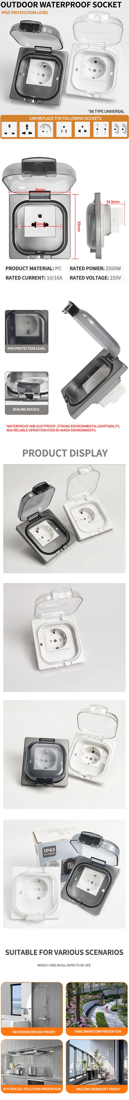 IP65 Waterproof Outdoor Socket, 16A High Power Wall Plate, 250V US/Thai Style 10A Receptacle, Bathroom & Weatherproof Electrical