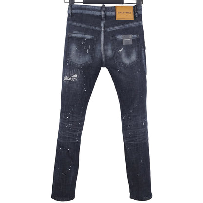6060 Four Seasons New Men's Washed Ripped Patch Old Slim-fit Straight Black Jeans for Men