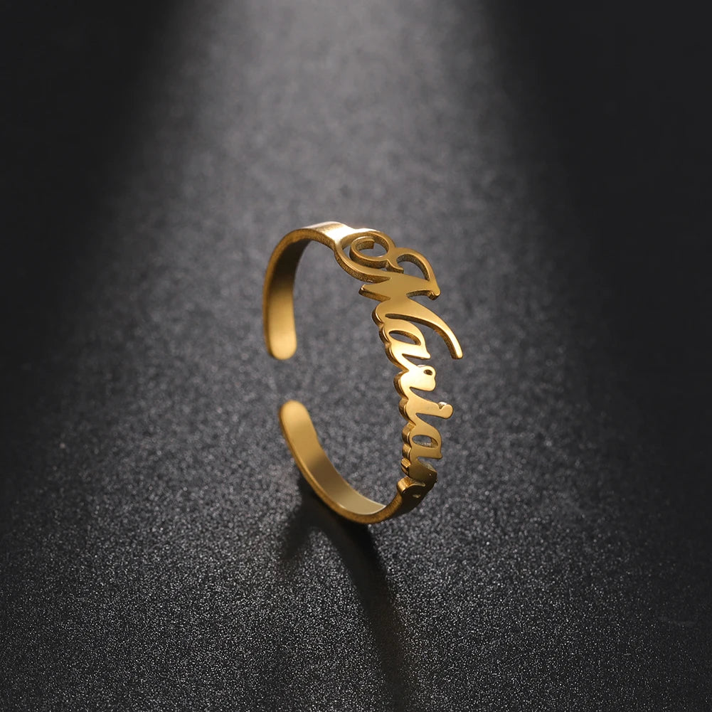 Custom Double First Name Finger Ring For Women Men Personalized Couple Wedding Gift Gold Color Stainless Steel Open Ring Jewelry